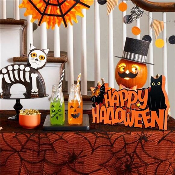 Halloween Table Decorations Happy Halloween Sign Black Cat Bat Tabletop - Picture 4 of 7